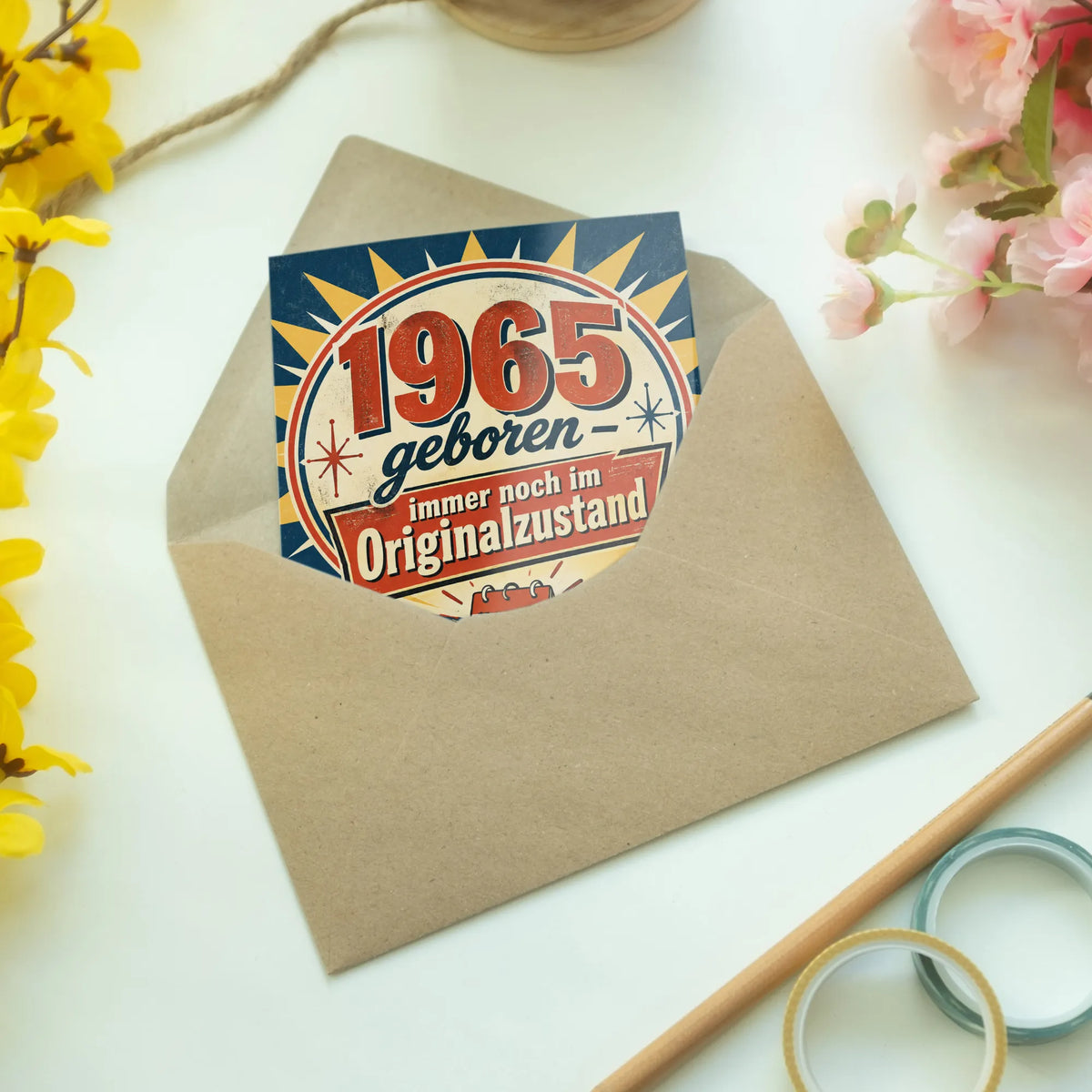 Lustige Geburtstagskarte zum Jahrgang 1965 mit Abzeichen