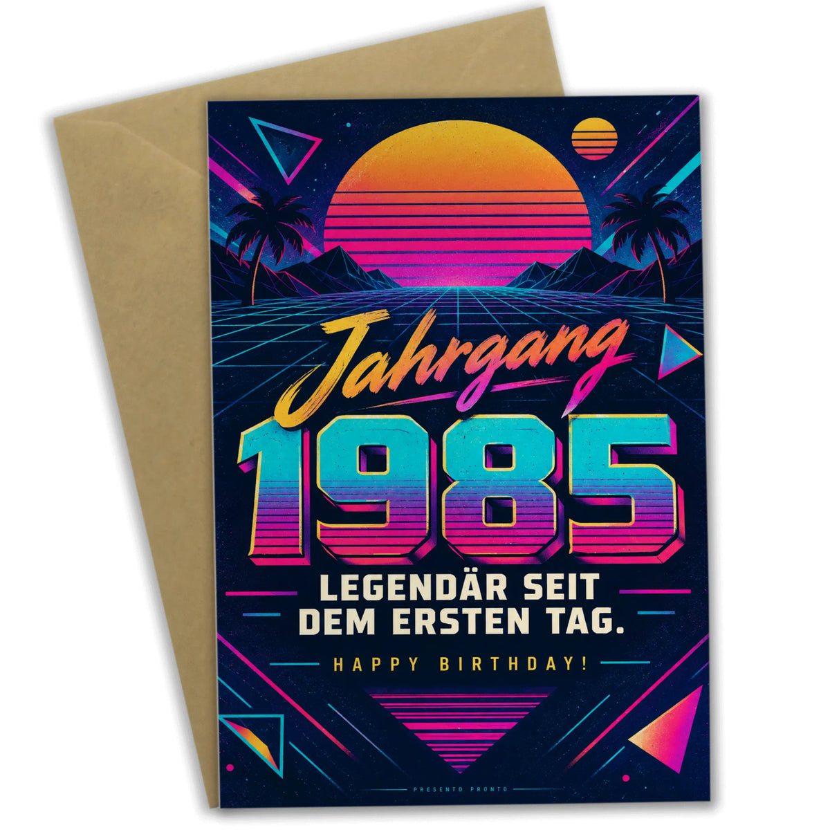 Coole Geburtstagskarte zum Jahrgang 1985 mit Neonsonne