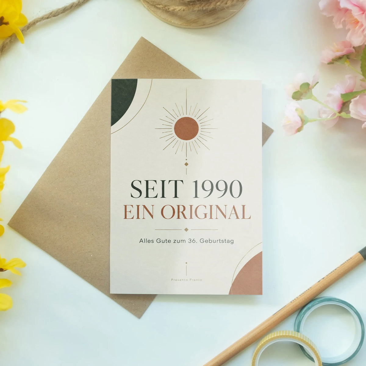 Elegante Geburtstagskarte für Jahrgang 1990 mit Sonne zum 36. Geburtstag