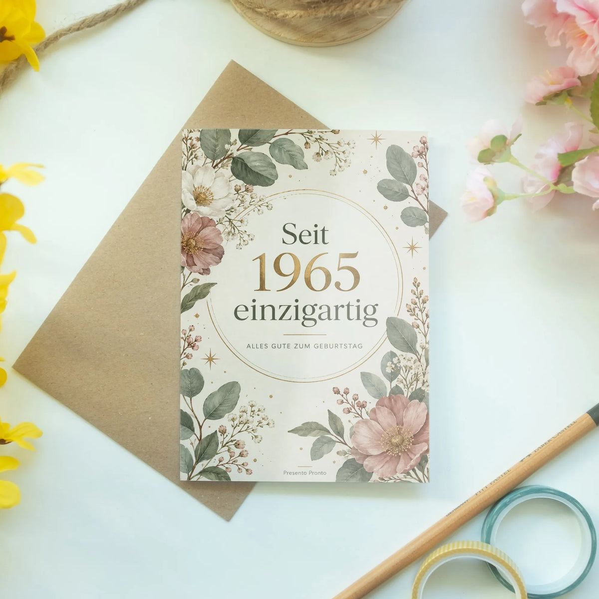 Elegante Geburtstagskarte für Jahrgang 1965 mit Wildblumen