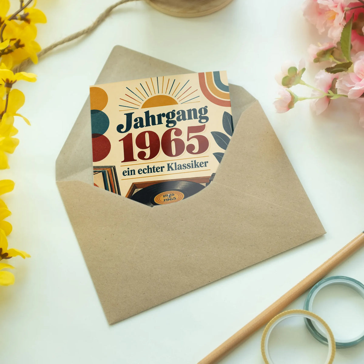 Nostalgische Geburtstagskarte zum Jahrgang 1965 mit Schallplatte