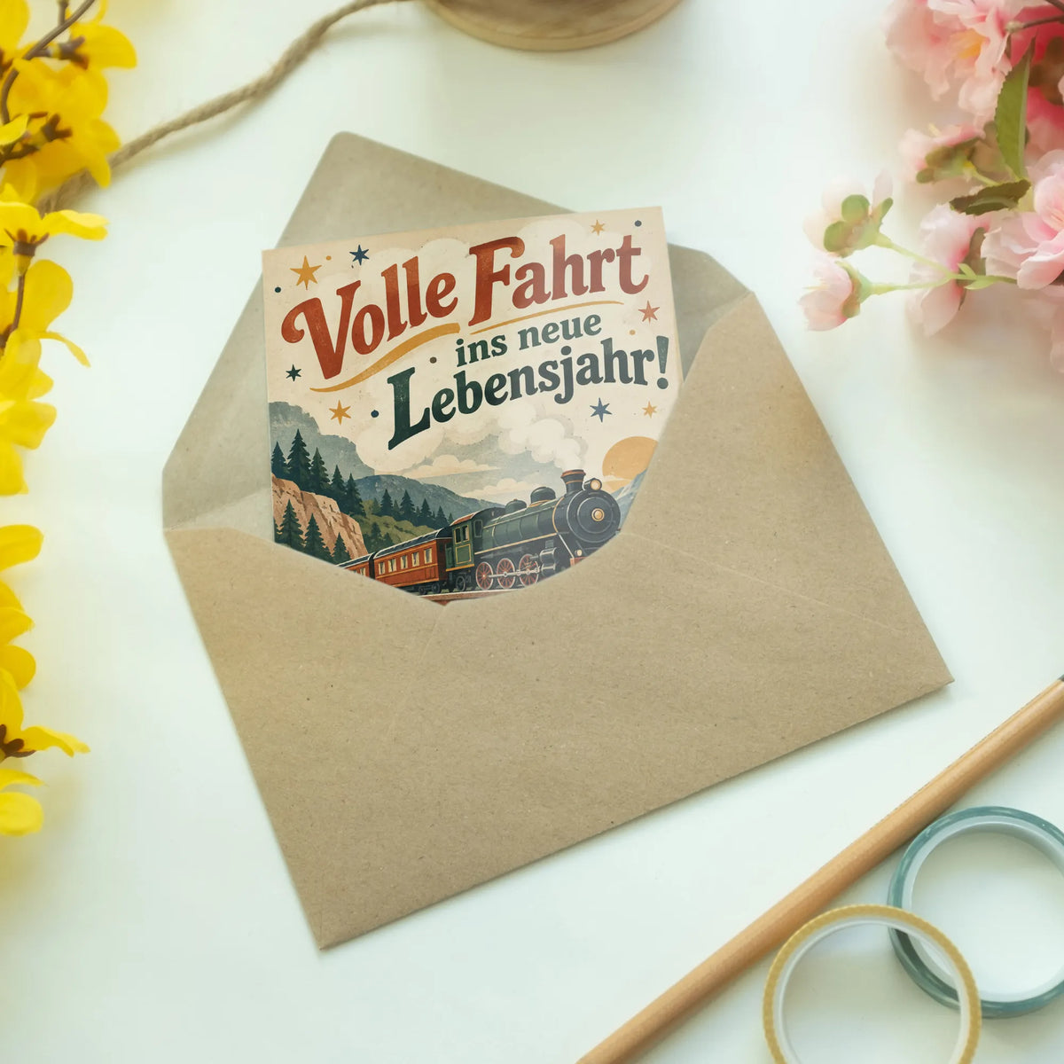 Fröhliche Geburtstagskarte Eisenbahn mit Dampflokomotive