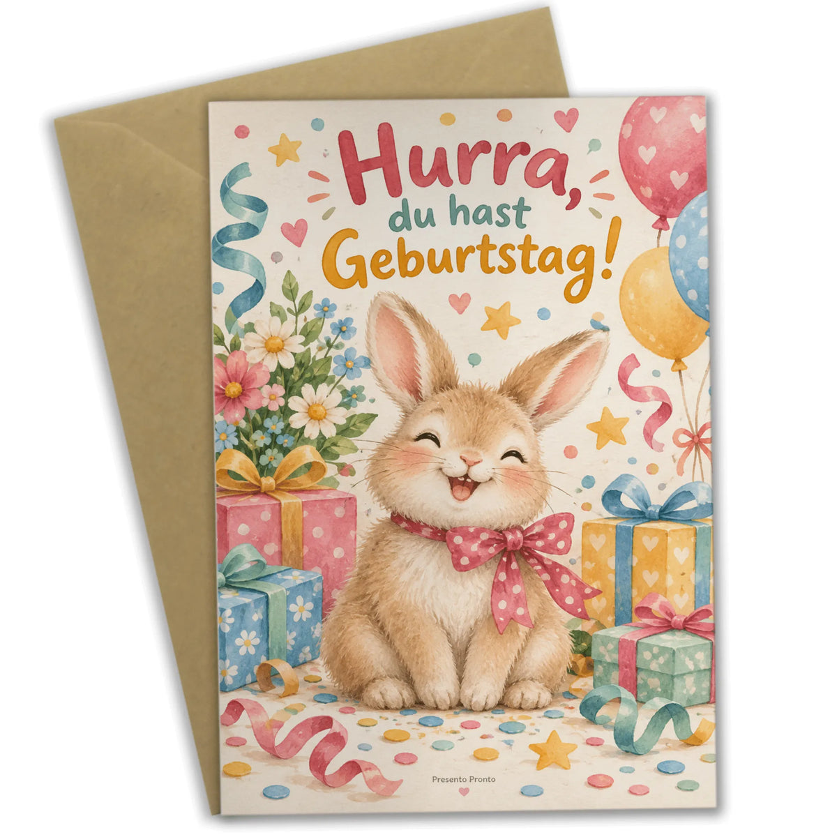 Süße Geburtstagskarte mit Hase und Konfetti