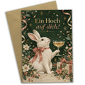 Elegante Geburtstagskarte mit weißem Hasen und Konfetti