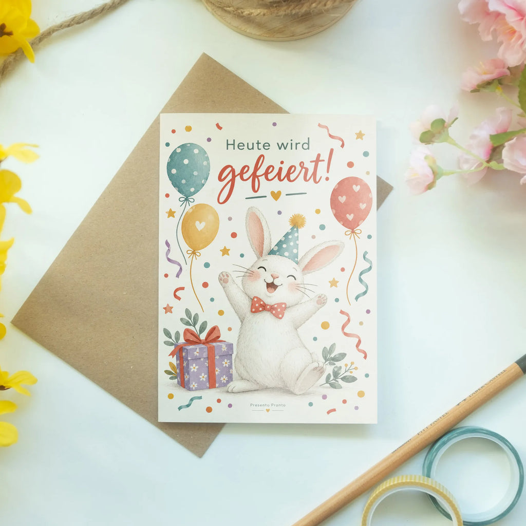 Fröhliche Geburtstagskarte mit Hase und Konfetti|p:2021509|h:628a2b56939a23019179575a13090770