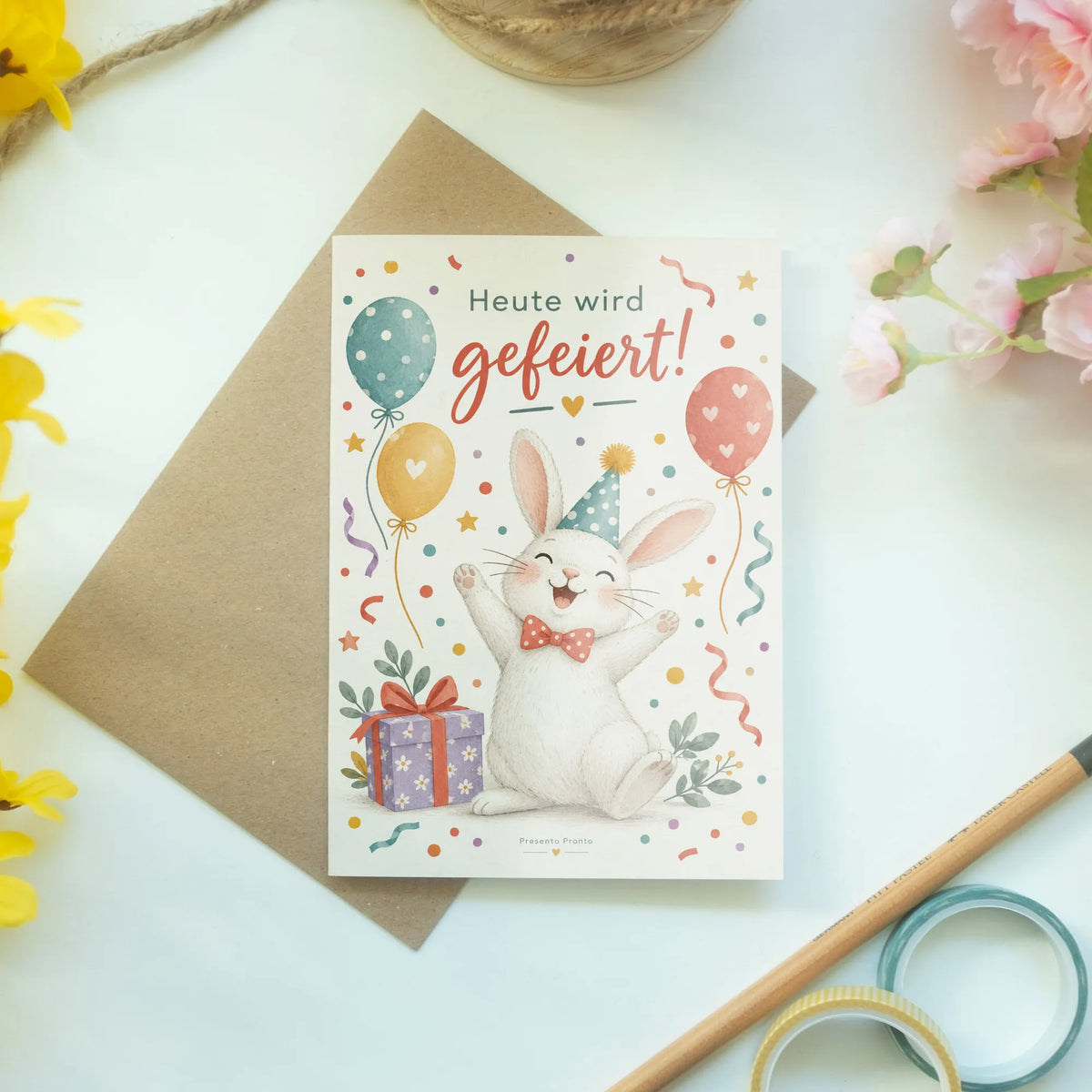 Fröhliche Geburtstagskarte mit Hase und Konfetti