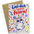 Fröhliche Geburtstagskarte mit Hase und Konfetti
