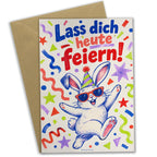 Fröhliche Geburtstagskarte mit Hase und Konfetti|p:2021511|h:e509d3294acda6024872f56ebe8599bd