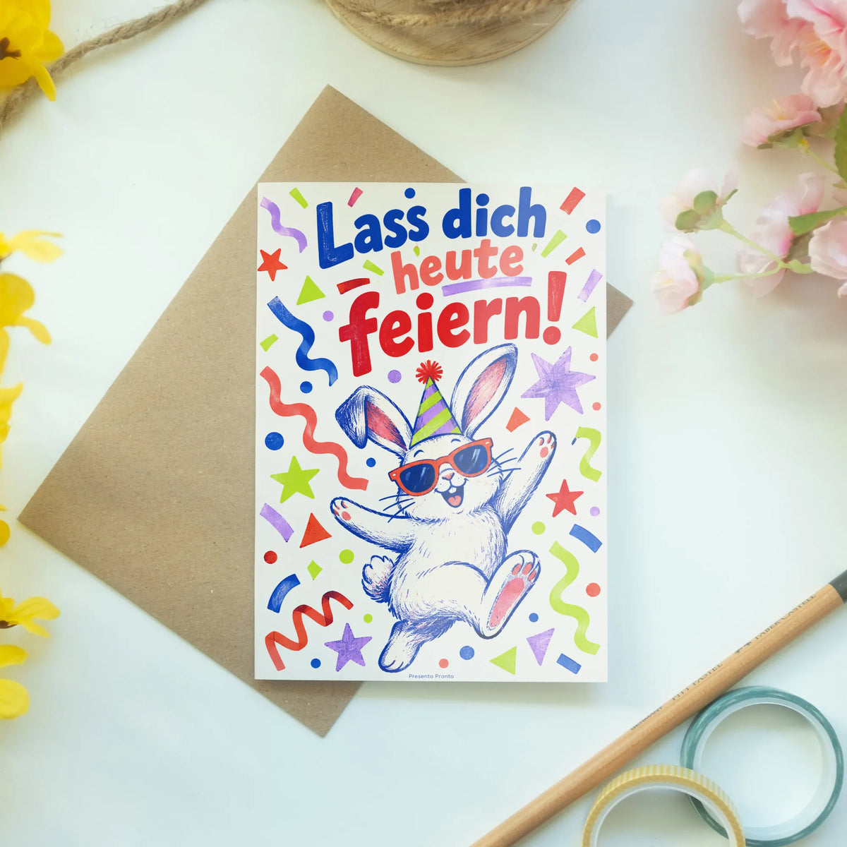 Fröhliche Geburtstagskarte mit Hase und Konfetti