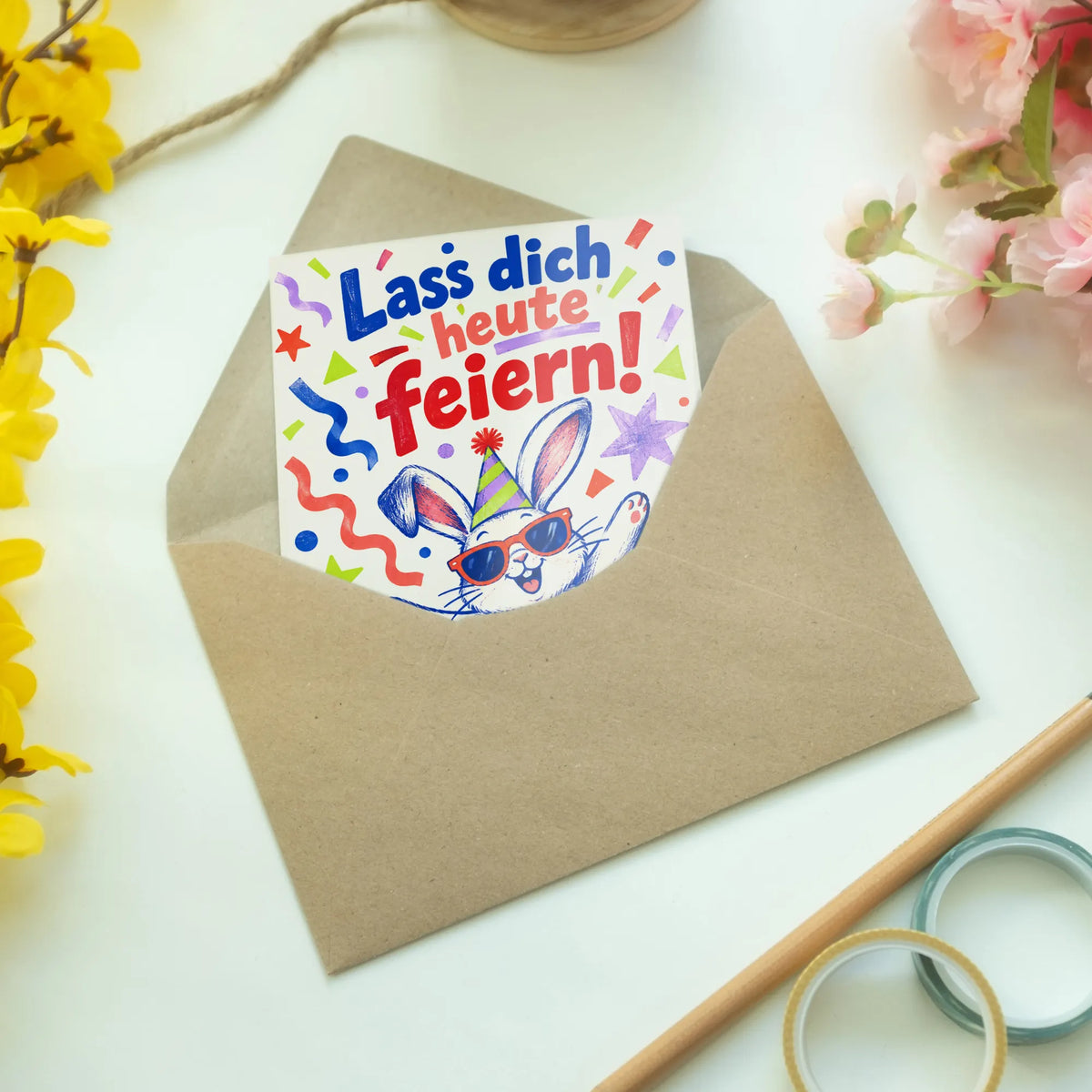 Fröhliche Geburtstagskarte mit Hase und Konfetti