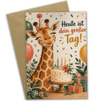 Fröhliche Geburtstagskarte mit feiernder Giraffe und Kuchen|p:2021513|h:3aba4b1837f62f768d5e93f15590d4bb