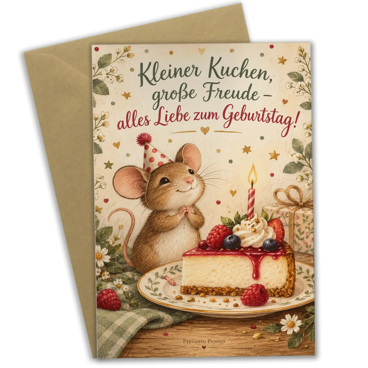 Süße Geburtstagskarte mit Maus und Käsekuchen