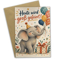 Fröhliche Geburtstagskarte mit Elefant und Luftballons