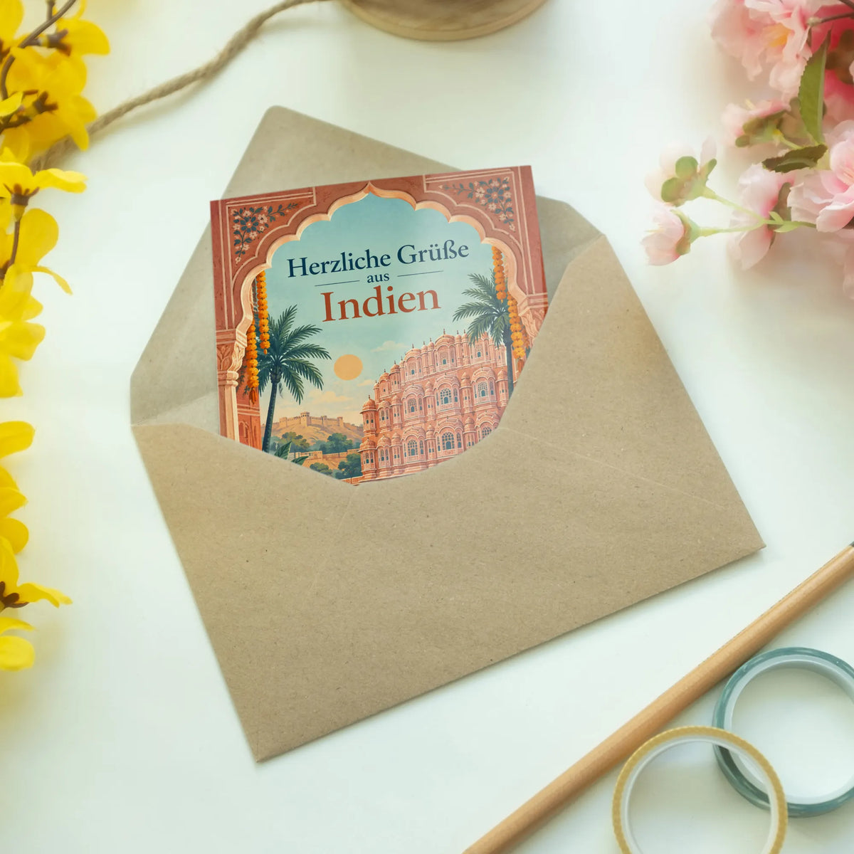 Herzliche Grußkarte aus Indien mit Palastfassade