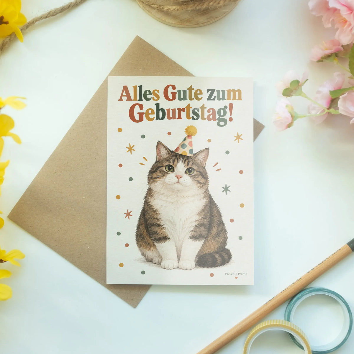 Lustige Geburtstagskarte für Katzenfans mit Partyhut