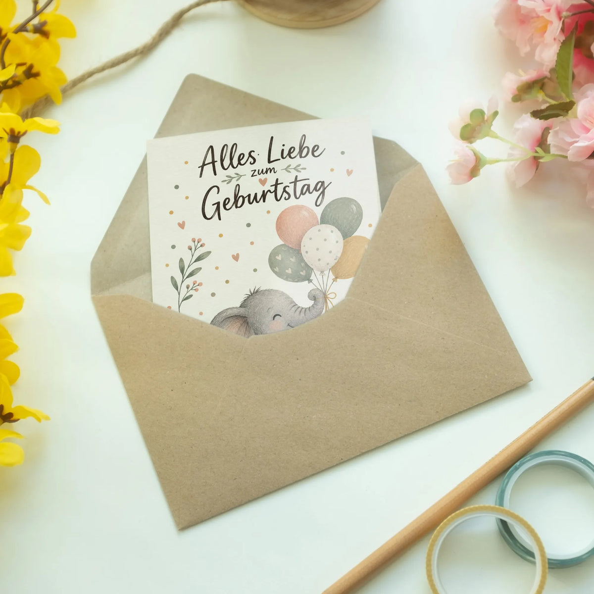 Herzliche Geburtstagskarte mit Elefant und Luftballons