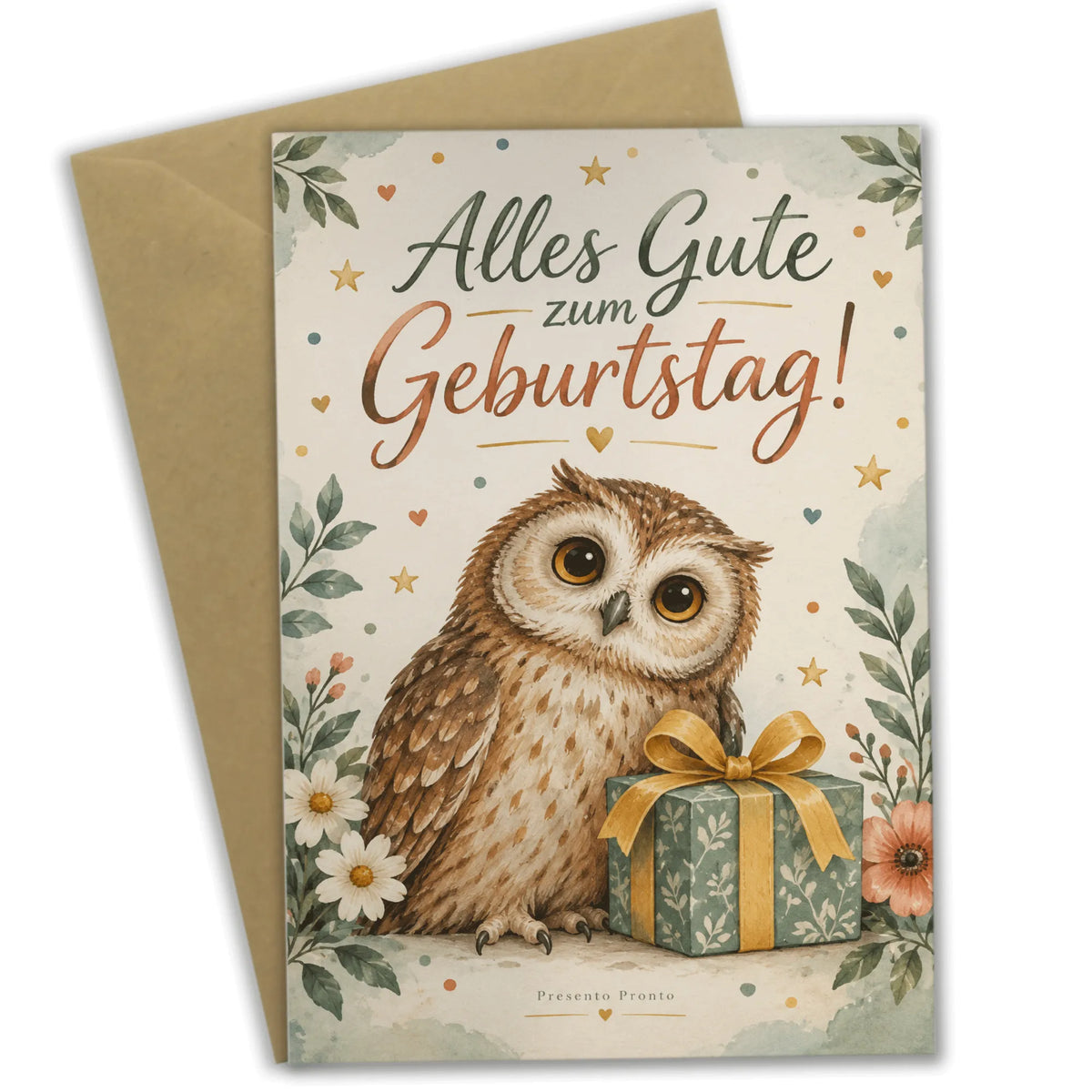 Elegante Geburtstagskarte mit Eule und Geschenk