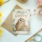 Elegante Geburtstagskarte mit Eule und Geschenk|p:2021539|h:45be8f05f1686c6cc4974f380f7a1a64