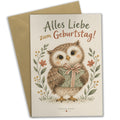 Herzliche Geburtstagskarte mit Eule und Geschenk