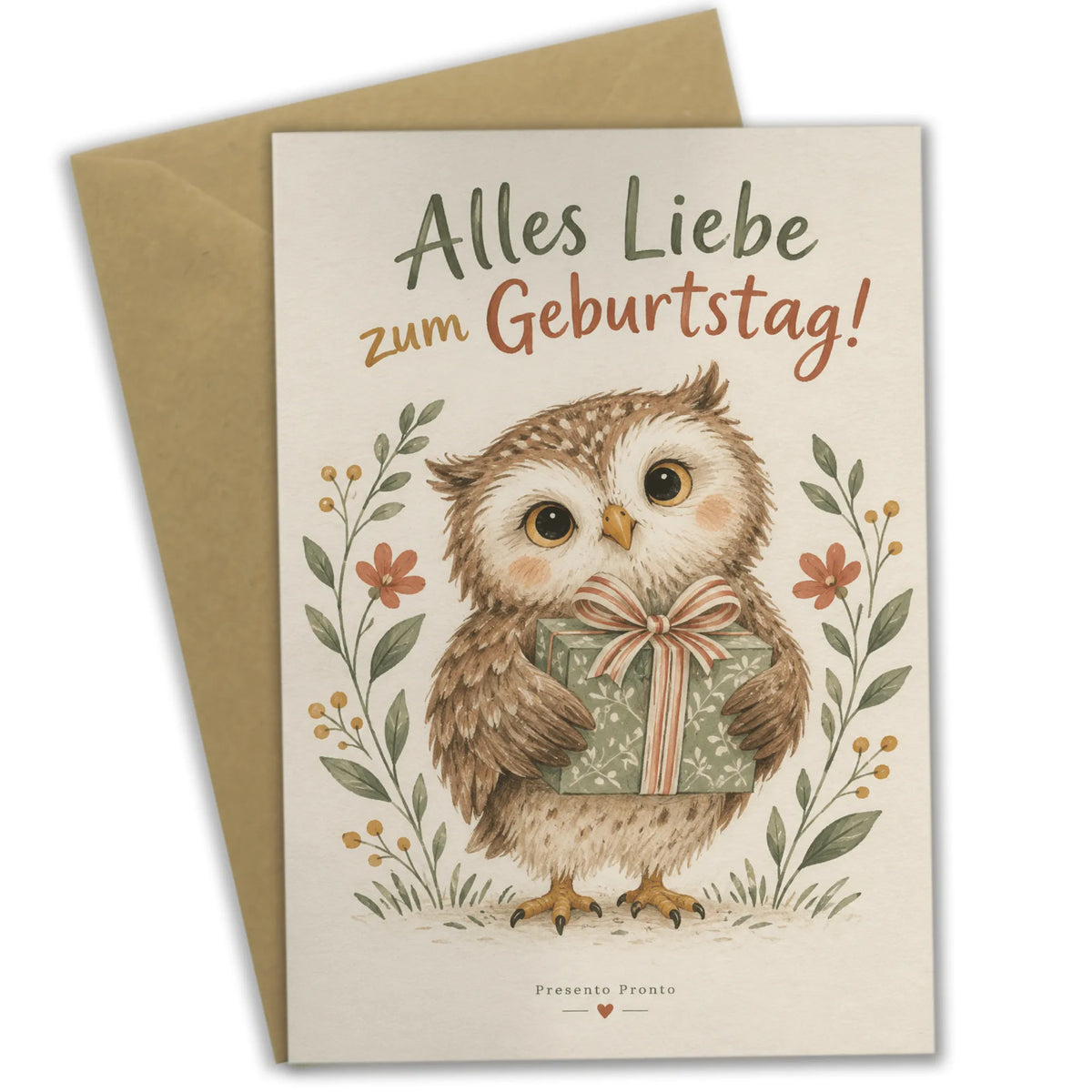 Herzliche Geburtstagskarte mit Eule und Geschenk