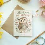 Herzliche Geburtstagskarte mit Eule und Geschenk|p:2021549|h:0e064f13b8978f21bac1410201fa439b