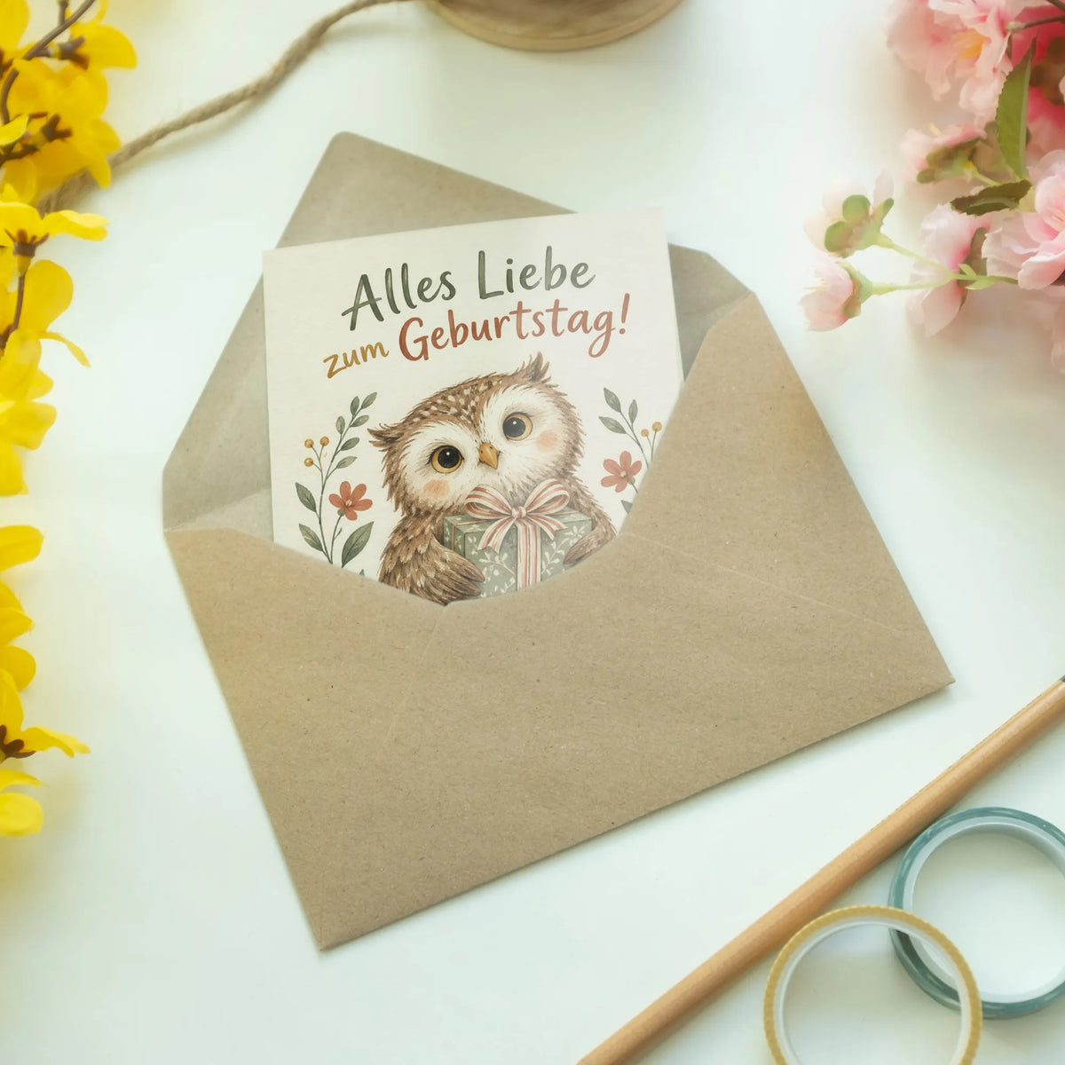 Herzliche Geburtstagskarte mit Eule und Geschenk