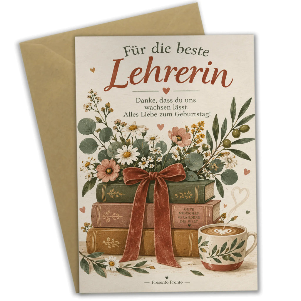 Herzliche Geburtstagskarte für Lehrerin mit Büchern und Blumen|p:2021553|h:c0e8c4ac47826081ad43d5ec4ff0f0dd