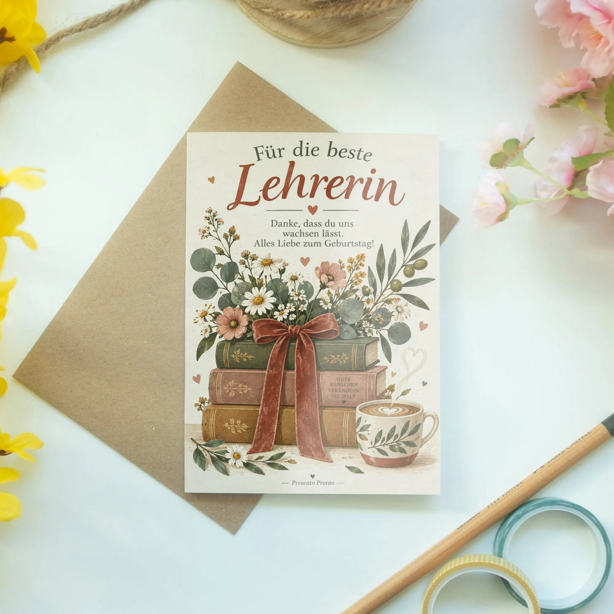 Herzliche Geburtstagskarte für Lehrerin mit Büchern und Blumen