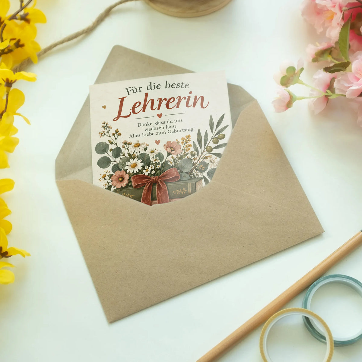 Herzliche Geburtstagskarte für Lehrerin mit Büchern und Blumen
