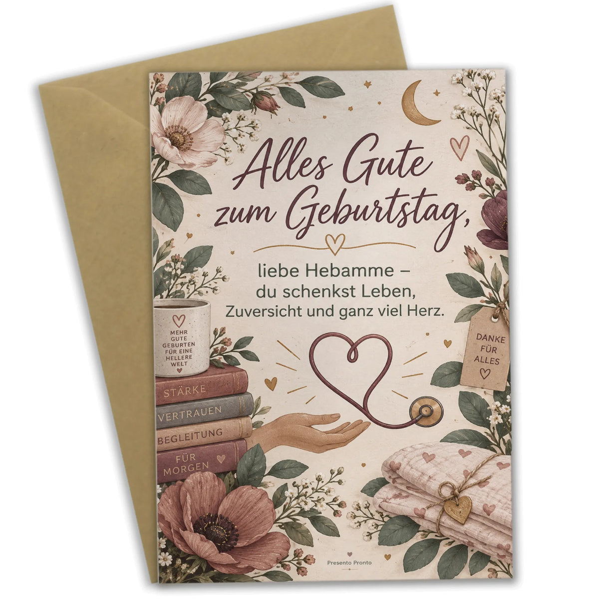 Herzliche Geburtstagskarte für die Hebamme mit Blumen