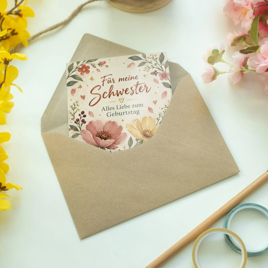 Liebevolle Geburtstagskarte für die Schwester mit Blumen|p:2021601|h:ea621e3e08967dc75cdbc08969a88e4f