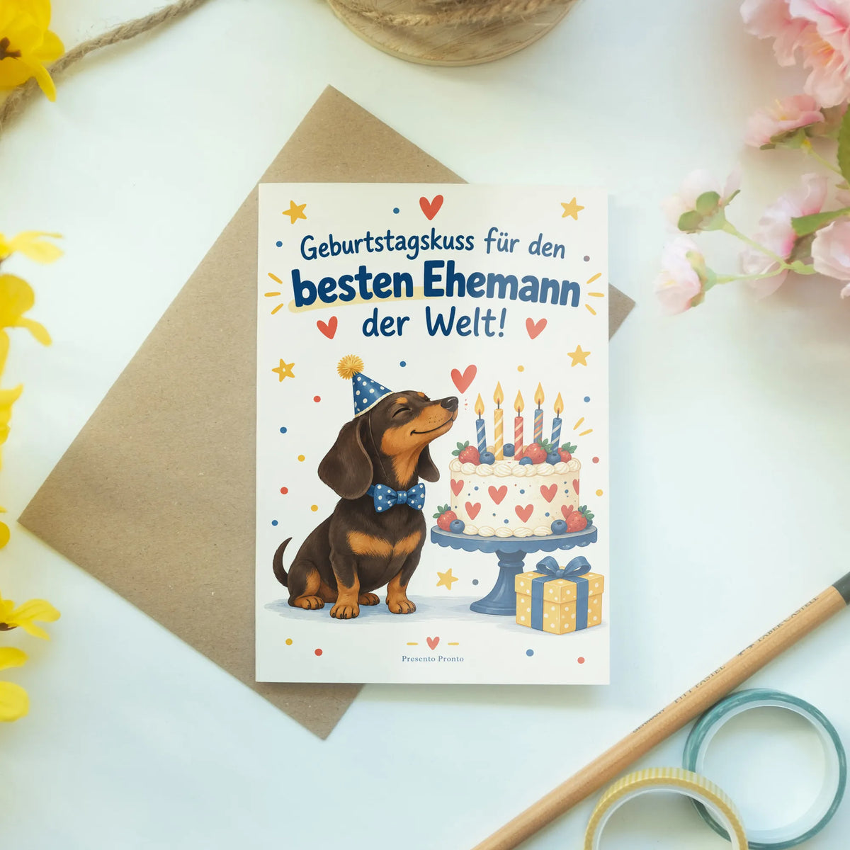 Liebevolle Geburtstagskarte für den Ehemann mit Dackel
