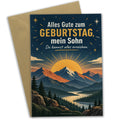 Herzliche Geburtstagskarte für den Sohn mit Bergen und Sonne