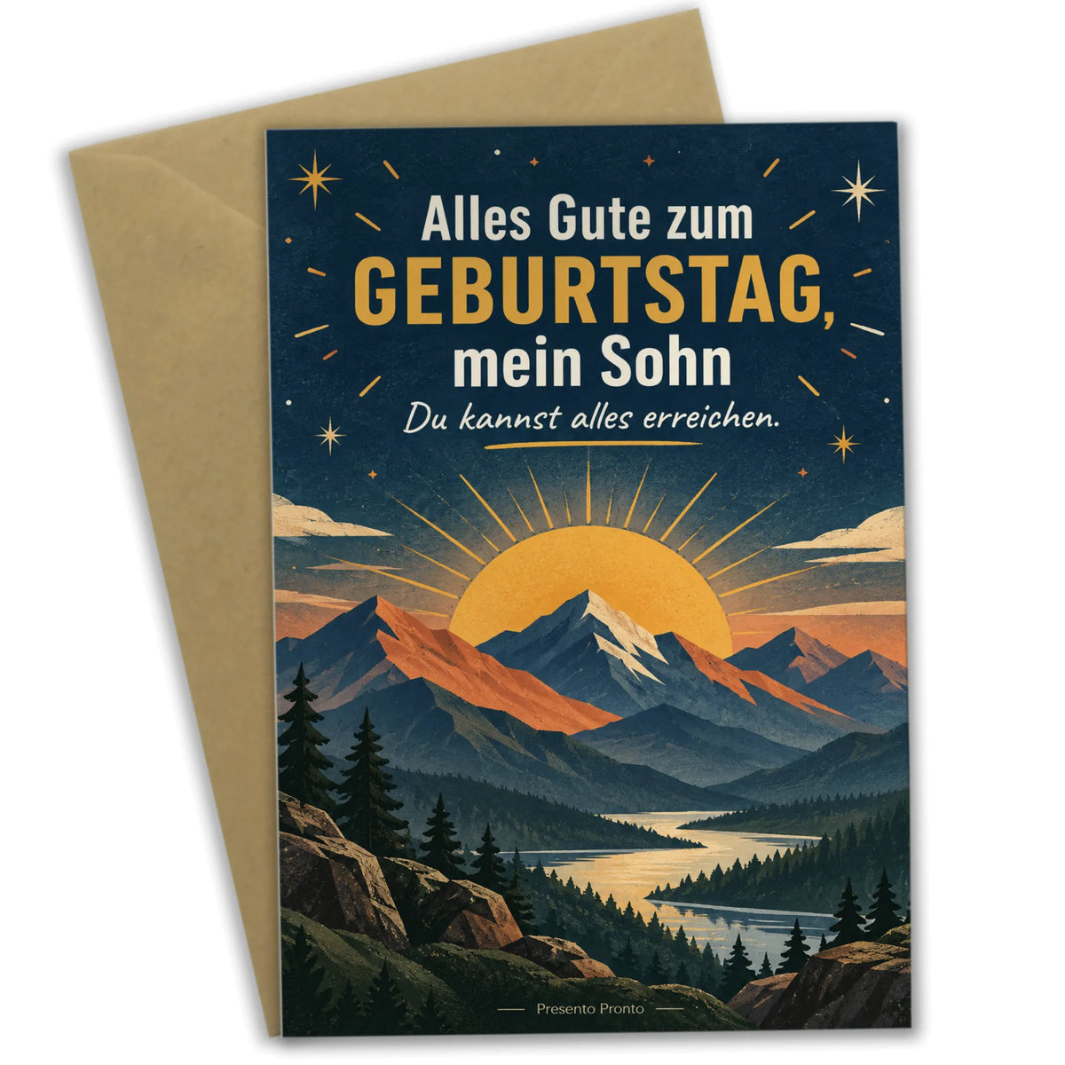 Herzliche Geburtstagskarte für den Sohn mit Bergen und Sonne