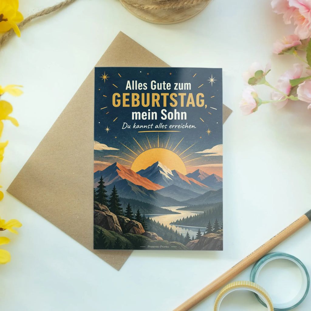 Herzliche Geburtstagskarte für den Sohn mit Bergen und Sonne|p:2021629|h:8c84b4a11c017d536088d5f0deb78819