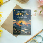 Herzliche Geburtstagskarte für den Sohn mit Bergen und Sonne|p:2021629|h:8c84b4a11c017d536088d5f0deb78819