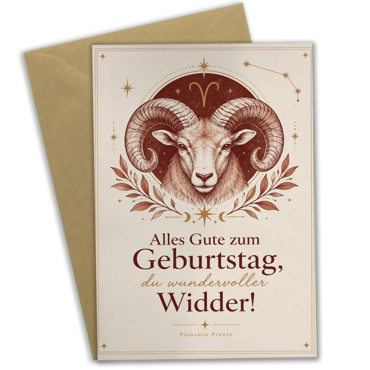 Elegante Geburtstagskarte für Widder mit Widderkopf und Sternzeichen