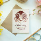 Elegante Geburtstagskarte für Widder mit Widderkopf und Sternzeichen|p:2021644|h:965510a0fd16db00acf5d1c3e7705072