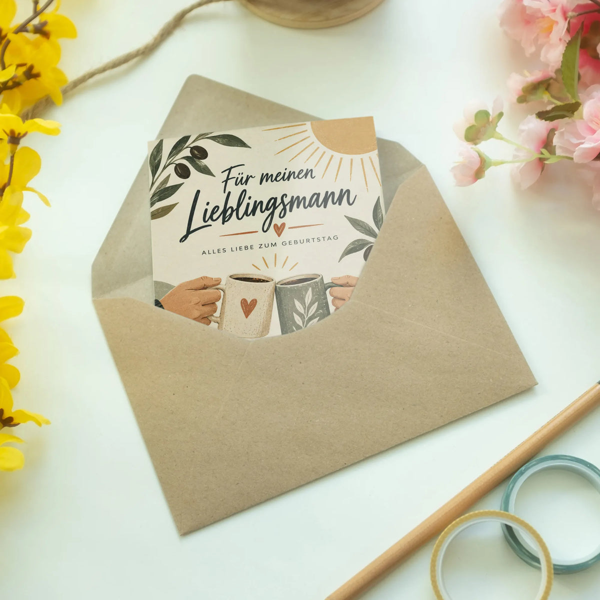 Liebevolle Geburtstagskarte für Ehemann mit Kaffeetassen