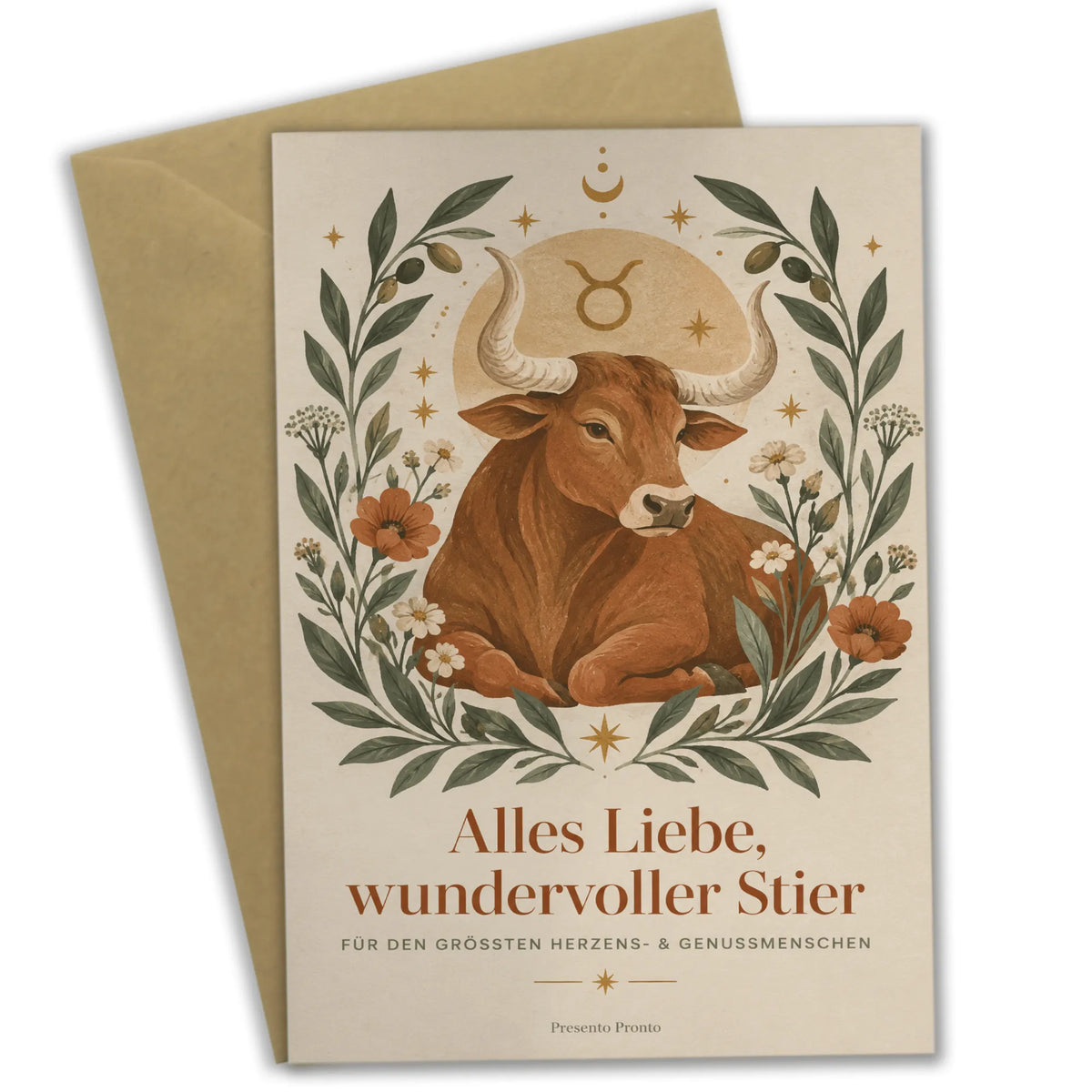 Elegante Geburtstagskarte Sternzeichen Stier mit Olivenzweigen