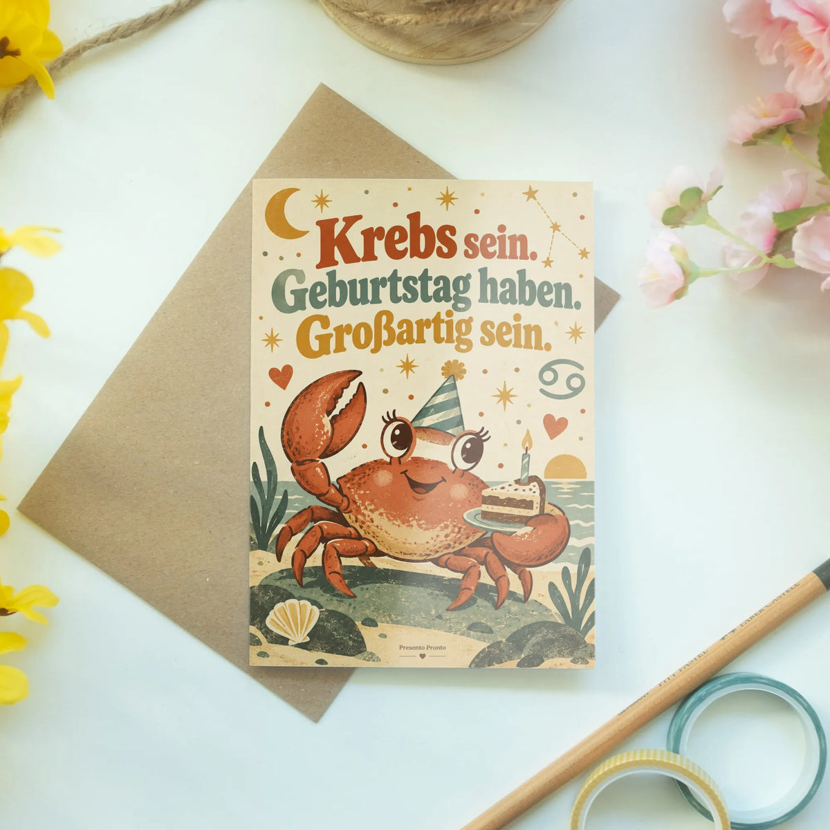 Lustige Geburtstagskarte für das Sternzeichen Krebs mit Partyhut