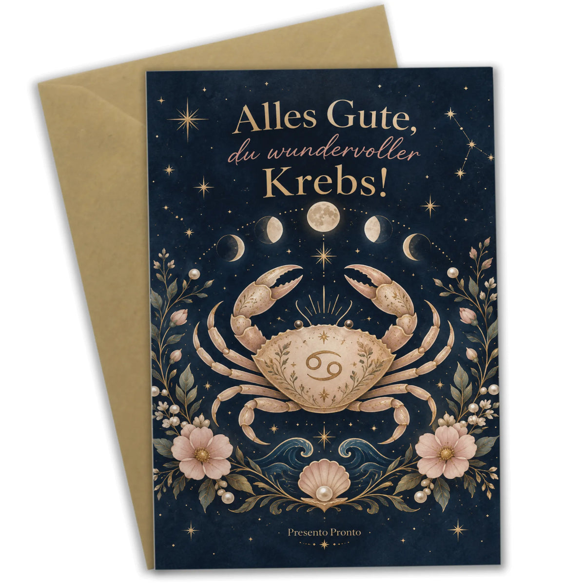 Elegante Geburtstagskarte für Sternzeichen Krebs mit Mondphasen