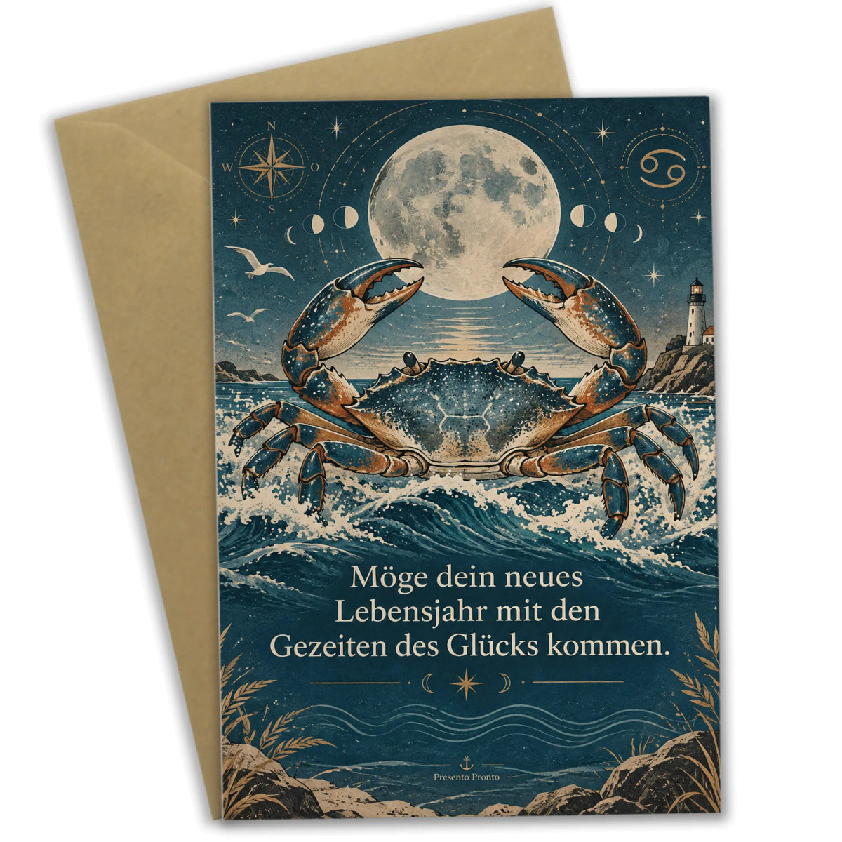 Besinnliche Geburtstagskarte für Krebs mit Mond über Wellen