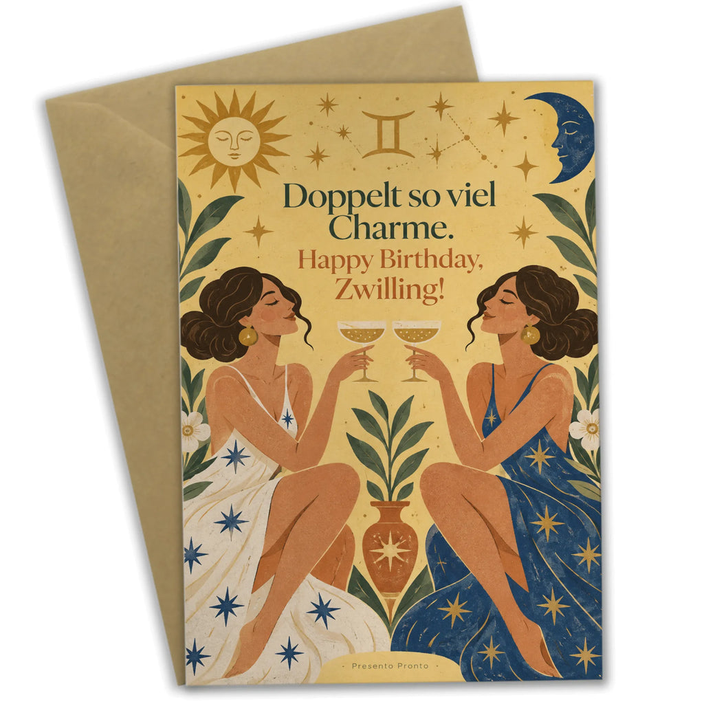 Elegante Geburtstagskarte für Sternzeichen Zwillinge mit Champagnergläsern|p:2021668|h:9f7a9474c50df99146e8c52edc55333e