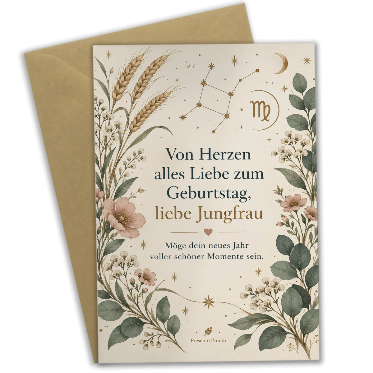 Elegante Geburtstagskarte für Sternzeichen Jungfrau mit Wildblumen