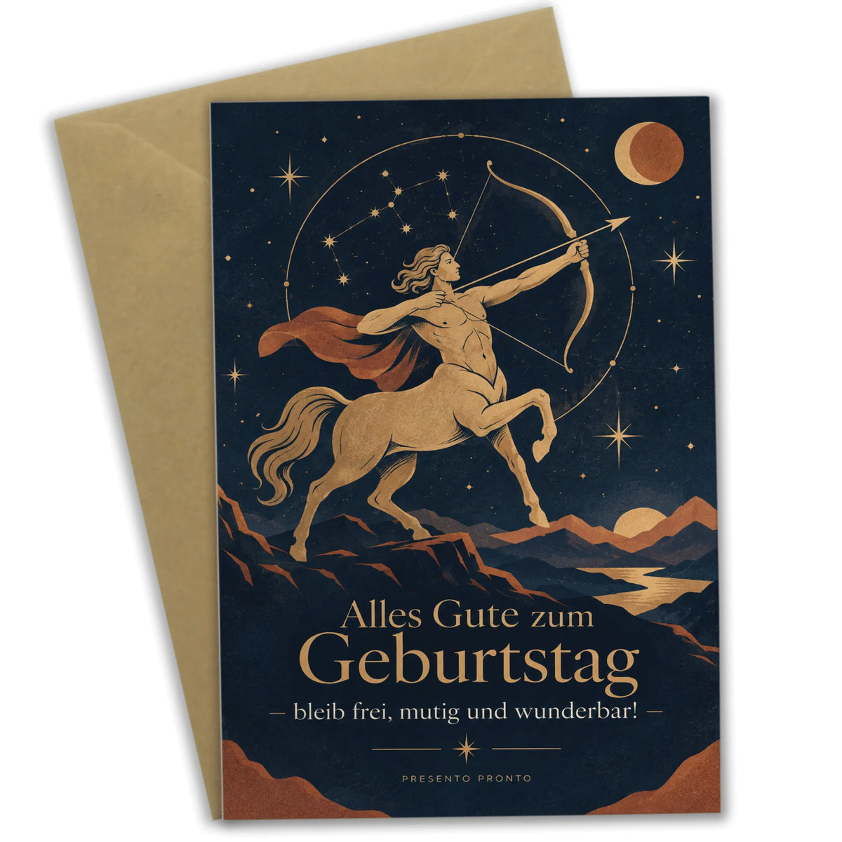 Mutige Geburtstagskarte für Schütze mit Sternbild und Bogen