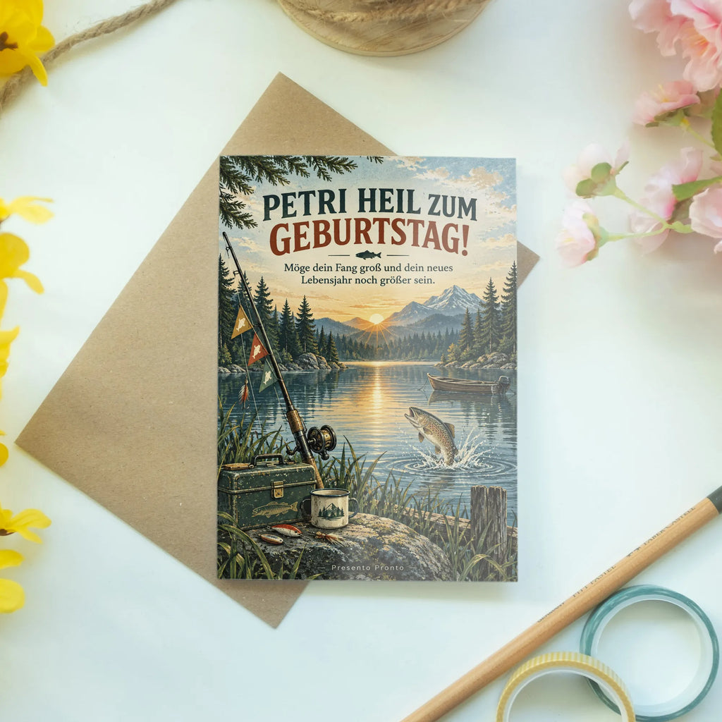 Lustige Geburtstagskarte für Angler mit Waldsee bei Sonnenaufgang|p:2021678|h:3ab3d980cf21ea8fdfb6b52e64b221a9