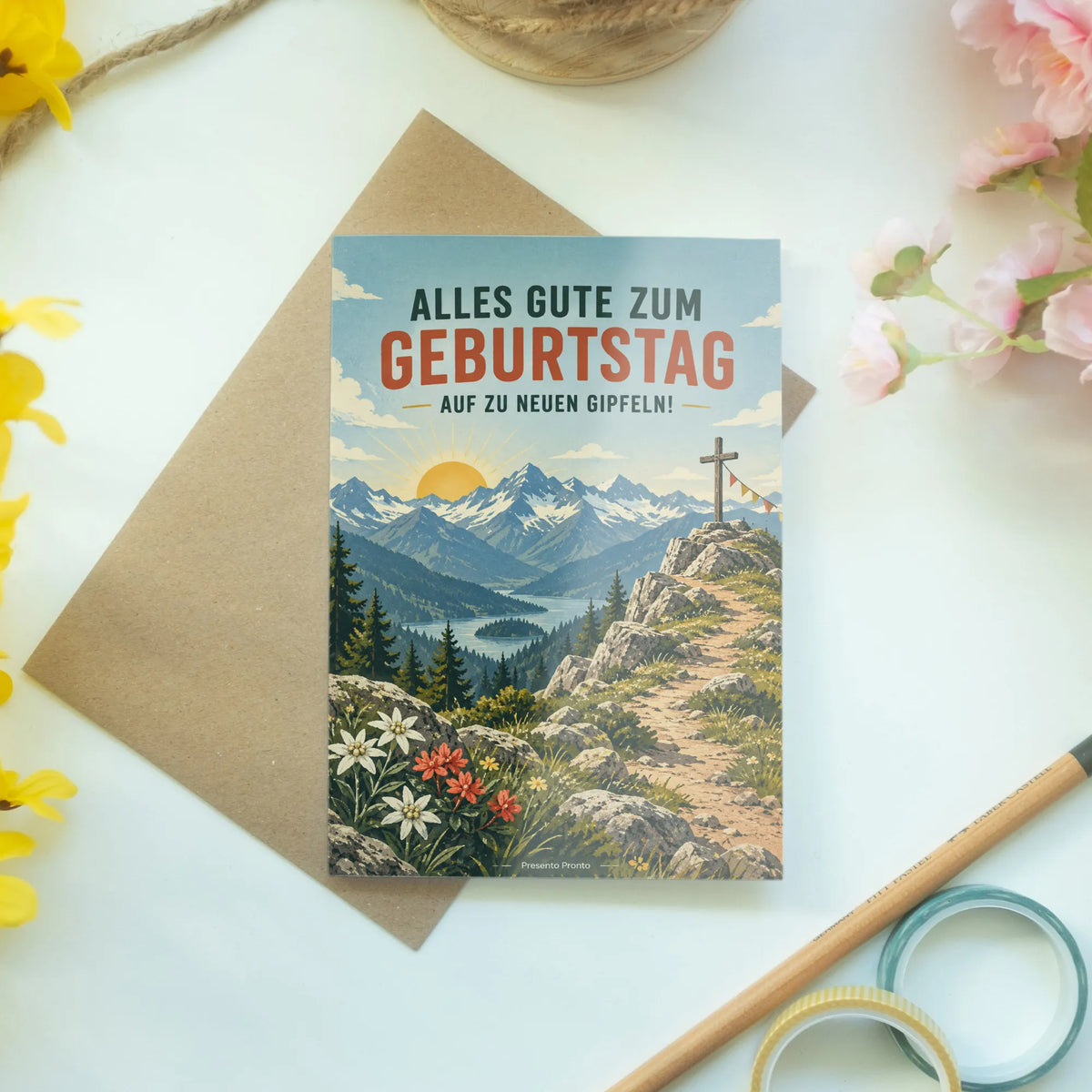 Motivierende Geburtstagskarte für Wanderer mit Berggipfel