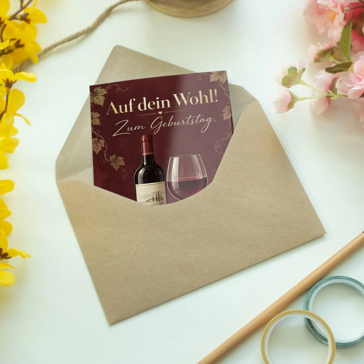 Elegante Geburtstagskarte für Weinliebhaber mit Weinflasche