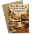 Gemütliche Geburtstagskarte für Kaffeeliebhaber mit Kuchen